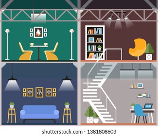Equipped with All Necessary Work Space Cartoon. Freelancers Love Lounge Area, Startups  and Open Space. For Teams any Size Individual Office. Vector Illustration. Interior and Furnishing Rooms.
