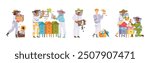 Equipped Beekeeper or Apiarist Gathering Sweet Honey from Beehive Vector Set