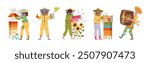 Equipped Beekeeper or Apiarist Gathering Sweet Honey from Beehive Vector Set