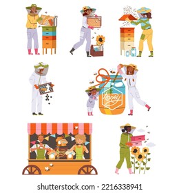 Equipped Beekeeper or Apiarist Gathering Sweet Honey from Beehive Vector Set
