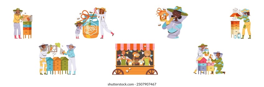 Equipped Beekeeper or Apiarist Gathering Sweet Honey from Beehive Vector Set