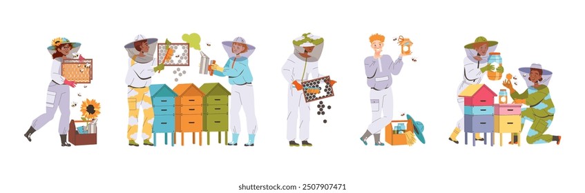 Equipped Beekeeper or Apiarist Gathering Sweet Honey from Beehive Vector Set