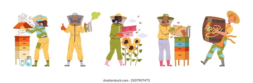 Equipped Beekeeper or Apiarist Gathering Sweet Honey from Beehive Vector Set