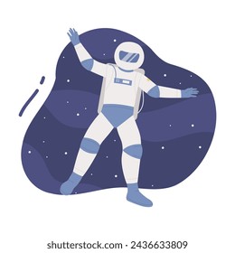 Equipped cosmonaut in the space. Exploring galaxy, solar system research cartoon vector illustration