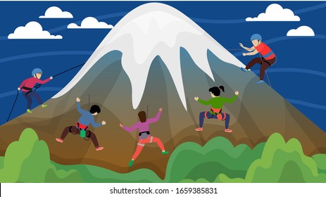 Equipped group of people alpinists men women climbing hillside high mountain with snow peak vector illustration flat style. Mountaineering extreme activity sport concept.
