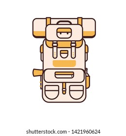 Equipped hiking backpack in flat design. Tourist rucksack with sleeping bag. Camping backpack illustration in line art. Hiking bag line icon.