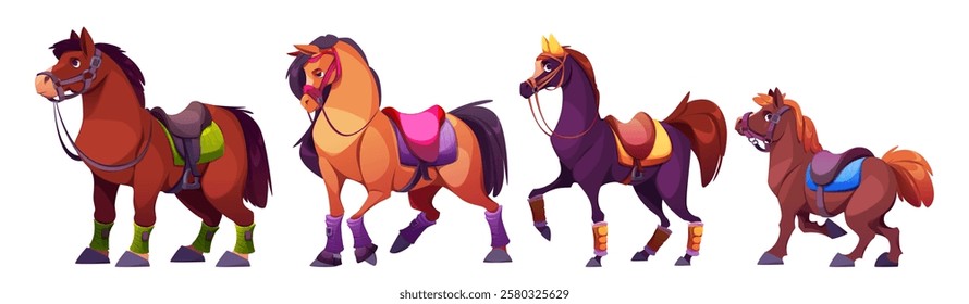 Equipped horse collection - saddled mounts with protective boots, bridles, leg guards and protective gear. Noble steeds in riding equipment for equestrian sport school lessons or competitions design.