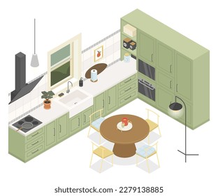 Cocina equipada - moderna ilustración isométrica vectorial colorida. Cabinas y estantes verdes, mesa de comedor redonda con sillas para la familia, control climático, capilla de extractor, fregadero, ventana. Acogedor apartamento