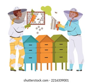 Equipped Man and Woman Beekeeper or Apiarist with Honeycomb and Smoker Gathering Sweet Honey from Beehive Vector Illustration