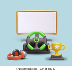 Equipped place for computer games. Devices for simulating races. Realistic steering wheel, headphones, monitor, winner cup. Bright poster, place for text on screen