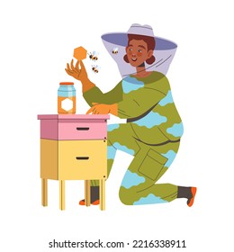 Equipped Woman Beekeeper or Apiarist Gathering Sweet Honey from Beehive Vector Illustration