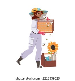 Equipped Woman Beekeeper or Apiarist with Honeycomb Gathering Sweet Honey Vector Illustration
