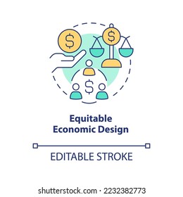 Ikone des Konzepts der wirtschaftlichen Ausgewogenheit. Attribute der integrativen Wirtschaft abstrakte Idee dünne Linie Illustration. Einzeln Umrisszeichnung. Bearbeitbarer Strich. Arial, Myriad Pro Fett Schriftarten verwendet