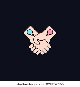 Equitable relationships RGB color icon for dark theme. Partnership between women and men. Human rights. Isolated vector illustration on night mode background. Simple filled line drawing on black