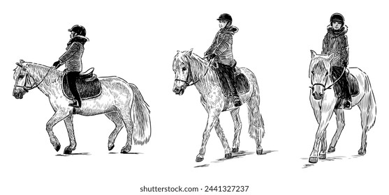 Equitation, child horseback riding, sport exercise, horse, harness, rider, realistic,sketch, vector hand drawn illustration isolated on white