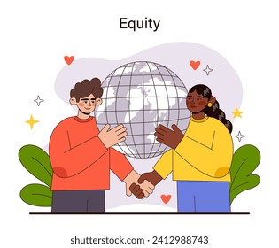 Equity concept. Global unity handshake illustrating fair opportunities. World cooperation for equitable rights. Social justice and global solidarity portrayal. Flat vector illustration.