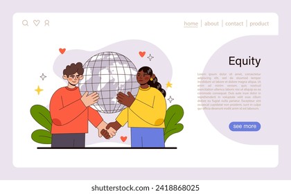 Equity-Konzept. Handschlag der globalen Einheit, der faire Chancen veranschaulicht. Weltweite Zusammenarbeit für gerechte Rechte. Soziale Gerechtigkeit und globale Solidarität. Flache Vektorgrafik.