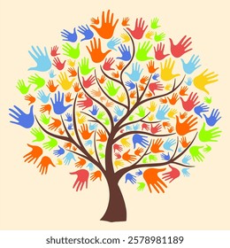 Equity diversity inclusion vector illustration, Hand print tree on branches, tree icon with hands leaves