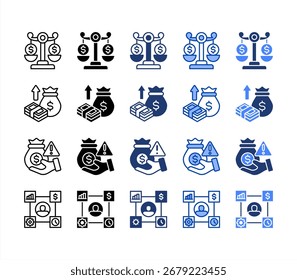 Equidad, recaudación de fondos, riesgo, gestión, conjunto de iconos de estilo múltiple.
