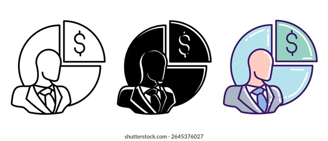Equity icon represented by employee, percentage of money Line, Filled, Color style.