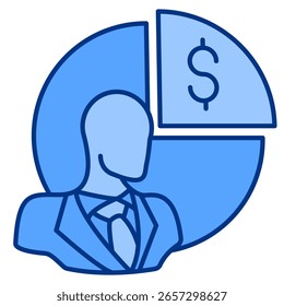 Equity icon represented by employee, percentage of money Blue style.