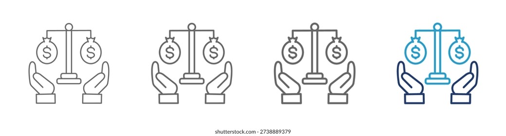 Equity icon with thick lines and blue color for illustration design with two hands hold the court of dollar's bag. Two or more people have the rights in the ownership or something in a business.