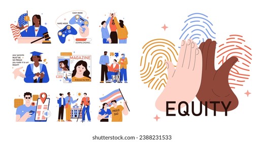 Equity and inclusion set. Diverse people acceptance and accessibility. Social and corporate inclusivity and representation. Tolerance and bias concept. Privilege and allyship. Flat vector illustration
