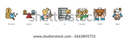 Equity Market icon set price action, equities, analysis, list, stock split, portfolio, merger