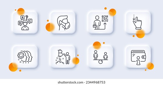 Equity, Quiz test and Bitcoin project line icons pack. 3d glass buttons with blurred circles. Employees teamwork, Leadership, Wallet web icon. Medical mask, Touchscreen gesture pictogram. Vector