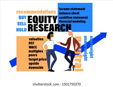 Equity Research concept. Teamwork on stock market illustration. Hand drawn business people, market terms, graph