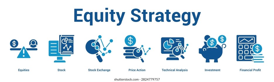 Equity Strategy web banner icon set vector illustration concept for business with icon of Equities, Stock, Stock Exchange, Price Action, Technical Analysis, Investme.