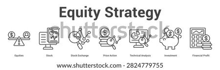 Equity Strategy web banner icon set vector illustration concept for business with icon of Equities, Stock, Stock Exchange, Price Action, Technical Analysis, Investme.