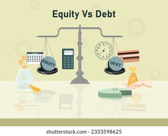 Equity vs Debt Funds Investment Comparison Illustration mit einer Reihe von Symbolen des Saldos, indischen Rupee Coins, Geldbeutel, Debit Card, Clock, Calculator, Kalender, Kuchendiagramm, etc. 