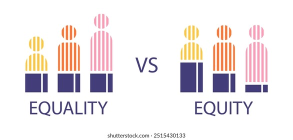 Equity vs. Equality concept. Abstract people on different starting positions to reach an equal outcome. Vector illustration