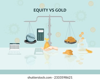 Equity vs Gold Investment Instrument Illustration with Icons of balance, calendar, calculator, gold Indian rupee coins, money bag, money bank, gold biscuits - Better Return 