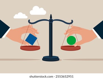 Equivalent and competition. Geometric shapes on hands. Balancing ball and square placed on weighing scales. Winning strategy business concept. Effective achievement. Flat vector illustration