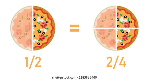 Equivalent fractions explained in mathematics. Fraction pizzas. Fraction for kids. Pizza slices. Fraction fun with pizza. vector illustration isolated on white background.