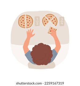 Equivalent fractions isolated cartoon vector illustration. Introduction to division, elementary school, child folding paper, pizza slices exercise, identify equivalent fractions vector cartoon.