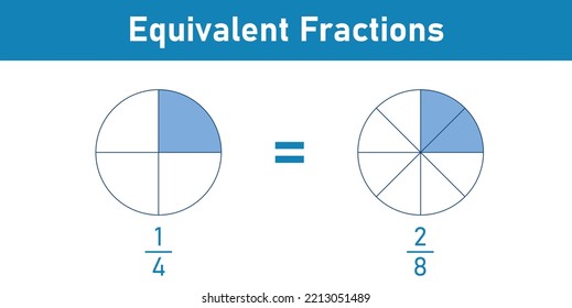 Equivalent fractions one fourth explained in mathematics. Vector illustration isolated on white background.
