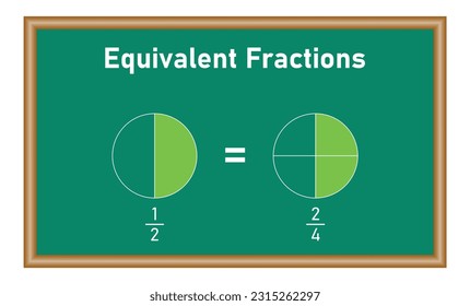 Equivalent fractions one half explained in mathematics. Vector illustration isolated on white background.