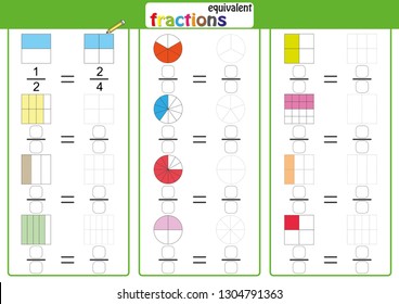 Equivalent frantions, mathematics, math worksheet, find , drawing, color