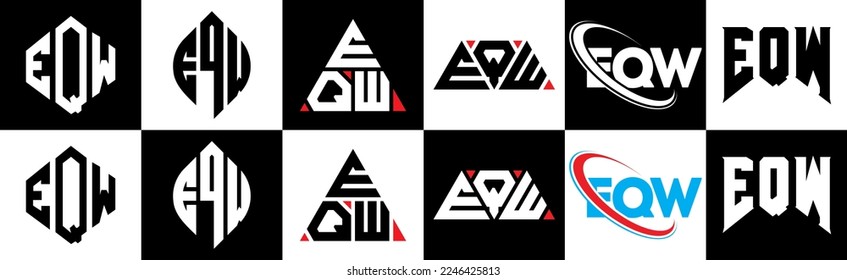 EQW letter logo design in six style. EQW polygon, circle, triangle, hexagon, flat and simple style with black and white color variation letter logo set in one artboard. EQW minimalist and classic logo