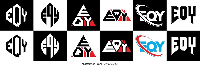EQY letter logo design in six style. EQY polygon, circle, triangle, hexagon, flat and simple style with black and white color variation letter logo set in one artboard. EQY minimalist and classic logo