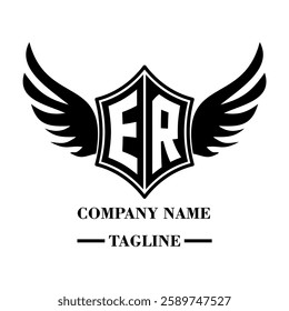 ER A bold winged shield emblem with customizable initials A-Z. Sleek black-and-white vector, perfect for branding, sports teams, motorcycle clubs, gaming,apparel and High-quality
