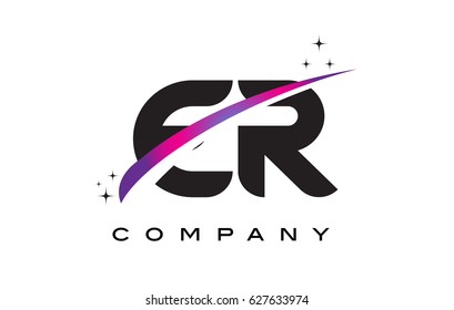 ER E R Black Letter Logo Design with Purple Magenta Swoosh and Stars.