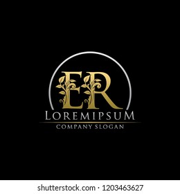 ER E R Gold Letter logo With Classy Floral Design