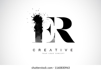 ER E R Letter Logo Design with Black Ink Watercolor Splash Spill Vector Illustration.
