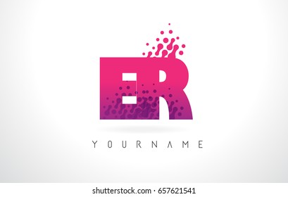 ER E R Letter Logo with Pink Letters and Purple Color Particles Dots Design.