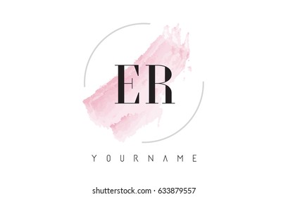 ER E R Watercolor Letter Logo Design with Circular Shape and Pastel Pink Brush.