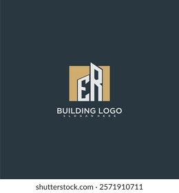 ER initial letter building logo for real estate with square design